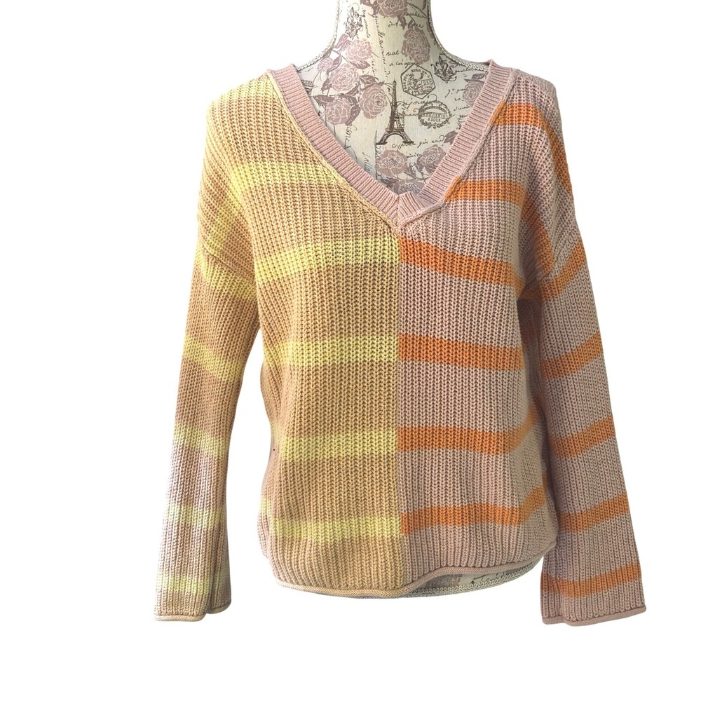 Vintage American‎ Eagle Striped V Neck Sweater Pink Yellow Orange Size Small
